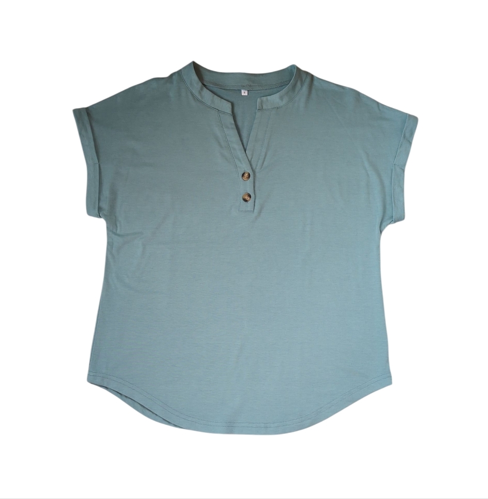 Casual Short Sleeve V-Neck Button Top SMALL Green